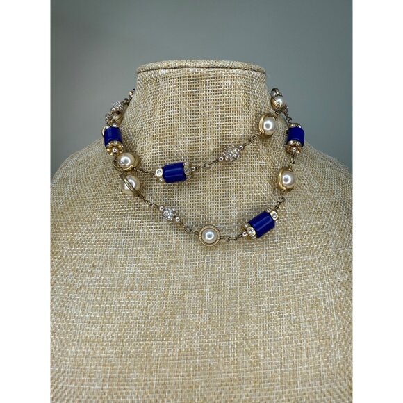 J.Crew Pearl & Blue Beaded Vintage-Inspired Necklace With Gold-Tone Chain Elegan - Picture 7 of 8